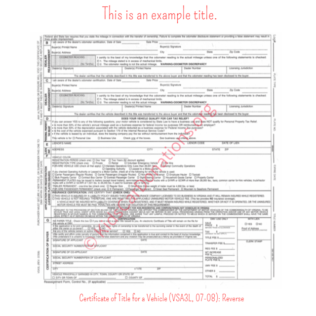 This is an Example of Virginia Certificate of Title for a Vehicle (VSA3L, 07-08) Reverse View | Kids Car Donations